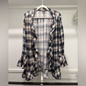 Entro Plaid Ruffle Open Front Cardigan - M
